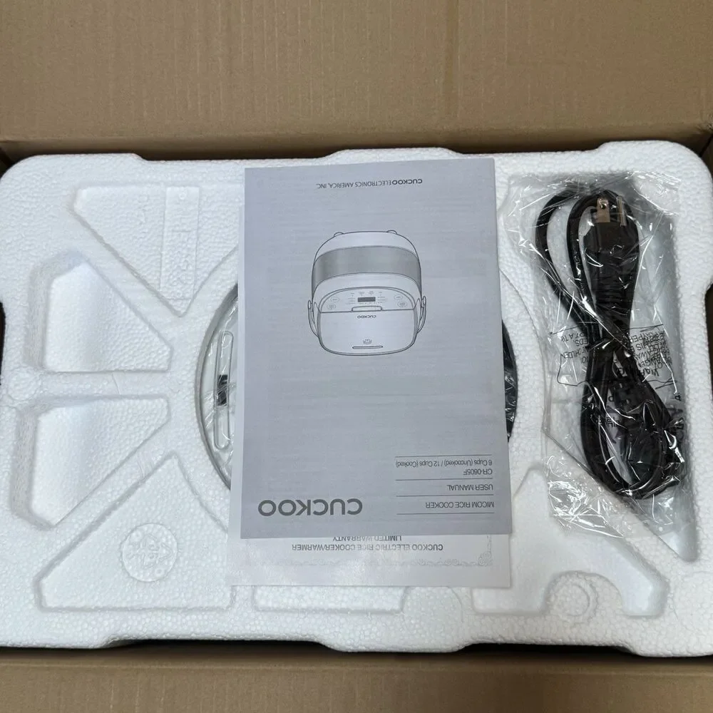 Cuckoo CR 0632F 6 Cup Micom Rice Cooker White Silver Steamer Tray Open Box